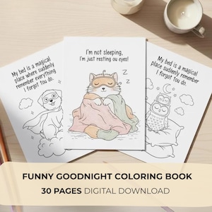 May include: Three coloring book pages with whimsical illustrations. One features a dog in a cape, another a cat under a blanket, and the third, two owls. Text includes "My bed is a magical place" and "I'm not sleeping". The bottom text reads "FUNNY GOODNIGHT COLORING BOOK".