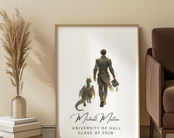 Personalised Dragon Graduation Gift for Him, Custom Fantasy Portrait from Photo, Watercolour Graduate Print, Class of 2026 Gift