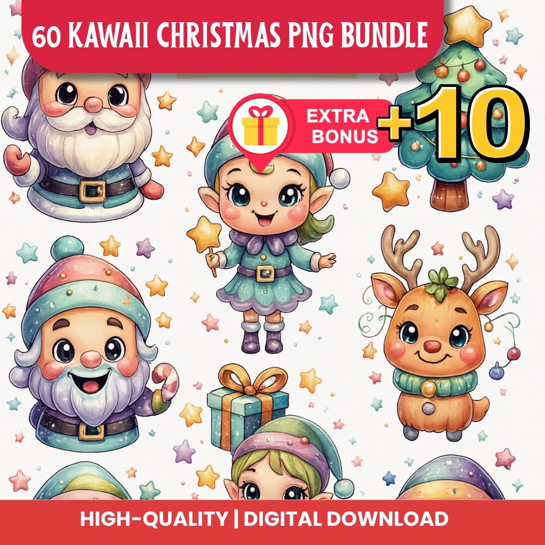 60 Kawaii Christmas PNG Bundle | Cute Santa, Reindeer & Snowman Clipart ...