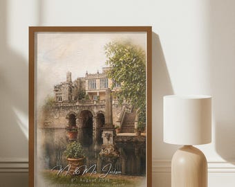 Personalised Wedding Venue Oil Painting Print | Bespoke House Portrait from Photo | Anniversary Gift for Couple