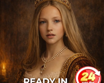 May include: Portrait of a young person with long blonde hair, wearing a gold crown with red jewels and a pearl necklace. The person is dressed in a red and gold gown. The image has text that says "READY IN 24 HOURS".