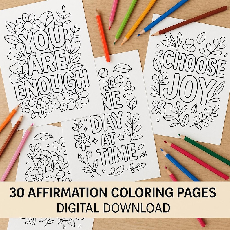 Inspirational motivational colouring page featuring positive quotes like “Believe in Yourself” surrounded by floral mandalas. Black and white line art designed for relaxation, mindfulness, and stress relief. Printable digital download colouring book for adults and teens to unwind, stay motivated, and boost positivity while enjoying a calming creative activity.