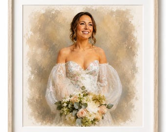 Custom Bride Portrait Oil Painting Print from Photo, Personalised Wedding Gift for Her, Bridal Artwork Keepsake