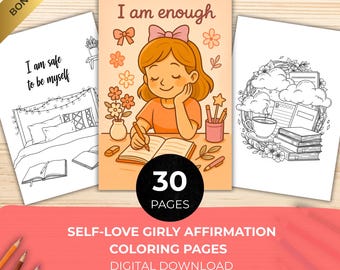 30 Self-Love Girly Affirmation Coloring Pages – Cute Nostalgic Stationery Art PDF | Positive Quotes for Confidence & Calm | Instant Download