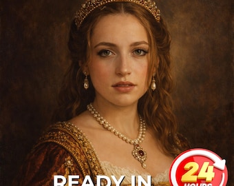 May include: Portrait of a woman wearing a gold crown with red and gold jewels, pearl earrings, and a pearl necklace with a red pendant. The woman is wearing a red and gold dress. The image includes the text "READY IN 24 HOURS".
