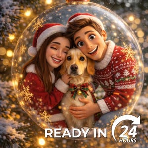 Custom Snow Globe Christmas Cartoon Portrait, Personalised 3D Winter Family Illustration, Festive Snow Globe Art for Couples, Kids & Pets