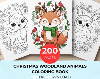 Christmas Woodland Animals Coloring Book, 200 Cozy Forest Critters & Floral Winter Scenes | Festive Grayscale Coloring Pages