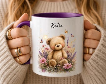 Custom Whimsical Teddy Mug, Personalised Teddy Bear Mug, Cute Bear Gift, Cottagecore Coffee Cup, Custom Name Mug for Her