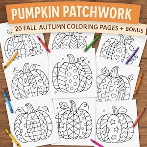 Peut inclure: Plusieurs pages à colorier blanches avec des motifs de citrouilles et des motifs variés, accompagnées de crayons de couleur. La bannière en haut indique "PUMPKIN PATCHWORK" et "20 FALL AUTUMN COLORING PAGES + BONUS".
