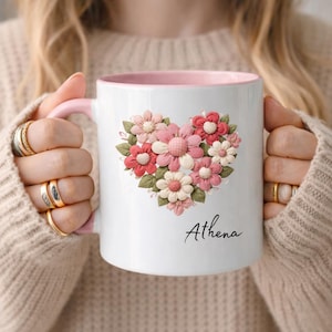 CUSTOM Patchwork Floral Heart Mug, Romantic Cottagecore Flower Cup, Cute Girly Gift for Her, Aesthetic Love Mug 10oz