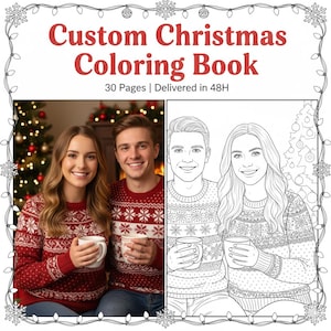 Puede incluir: Un libro para colorear de Navidad personalizado con una foto y un dibujo lineal de una pareja con suéteres rojos a juego. La portada tiene el texto "Custom Christmas Coloring Book" y "30 Pages". La imagen está enmarcada con luces navideñas.