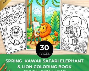 Spring Kawaii Safari Elephant & Lion Coloring Book, Bold Easy Jungle Animals, Cute Kids Adults Colouring Pages, Beach Travel Activity PDF