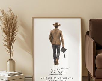 Personalised Cowboy Graduation Gift for Him, Custom Western Portrait from Photo, Watercolour Graduate Print, Class of 2026 Artwork