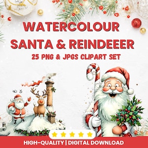 Watercolour Cartoon Santa & Reindeer Clipart | Christmas PNG JPG Set | Cute Holiday Graphics for Cards, Stickers, Crafts – Instant Download