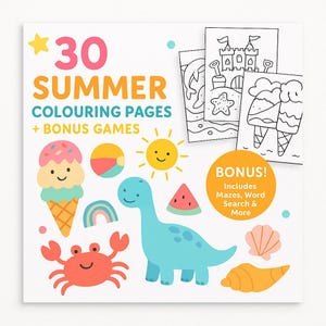 Summer Kids Activity Pack | 30 Fun Colouring Pages + Bonus Games | Beach & Holiday Printable | Instant Digital Download