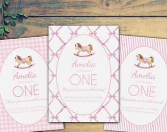 Invito di compleanno cavallo a dondolo (rosa)