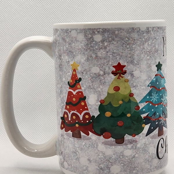 Merry Christmas Trees decorated Lights Ornaments Ceramic 15 ounce mug gift exchange coworker gift cheerful colorful bright coffee hot cocoa