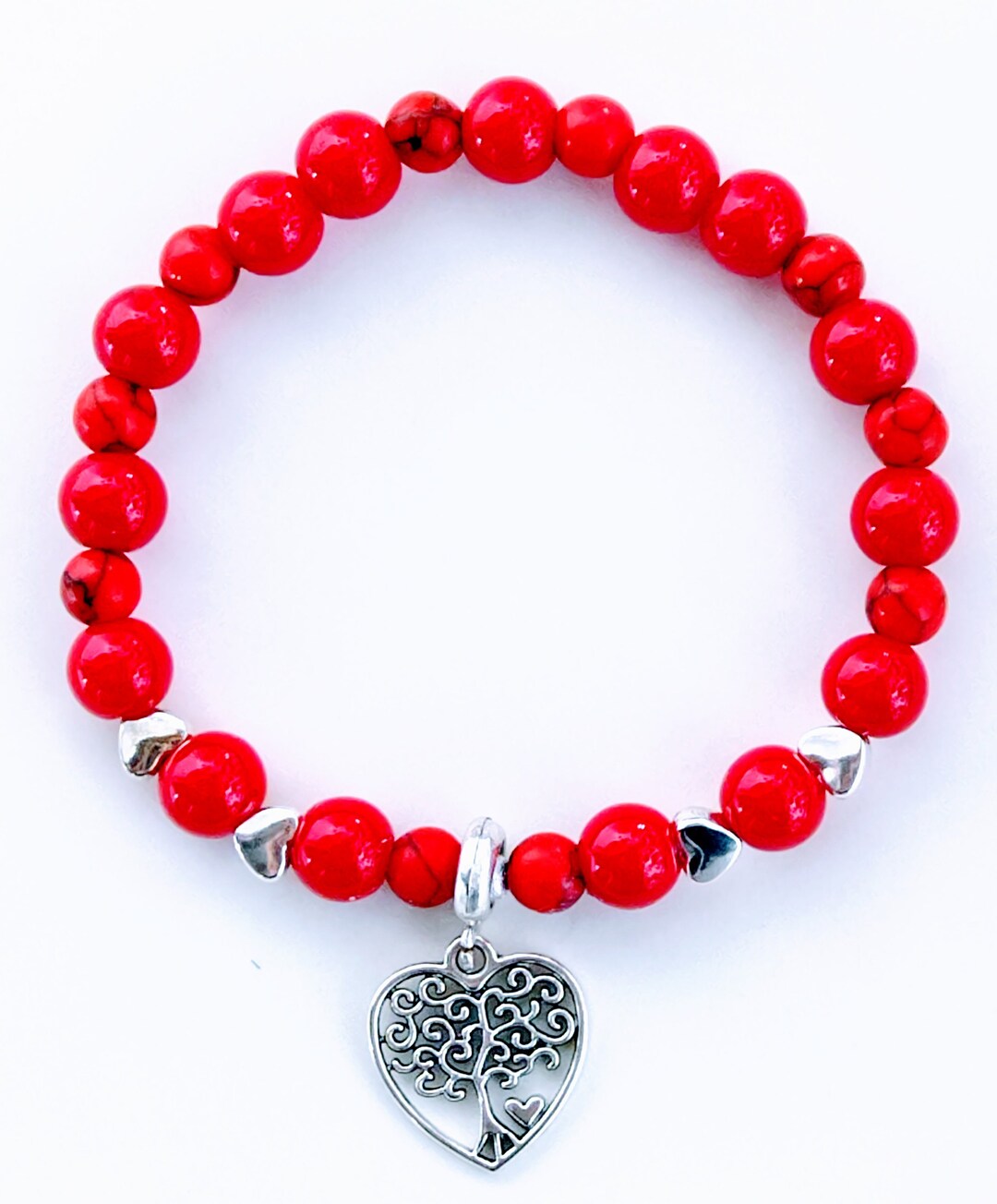 Tree of Life Charm Bracelet, Customizable, Red Gemstones and Silver
