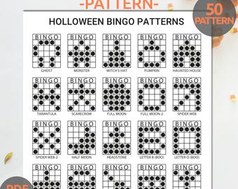 Halloween Bingo Patterns | Printable Holloween Bingo Party Game | 50 Halloween Bingo Patterns | Halloween Bingo Cards | Fall Bingo Patterns.