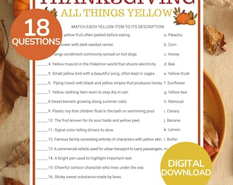 Thanksgiving All Things Yellow Game | Printable Thanksgiving Party Game | Thanksgiving Scavenger Hunt | Yellow Color Challenge | Family Game