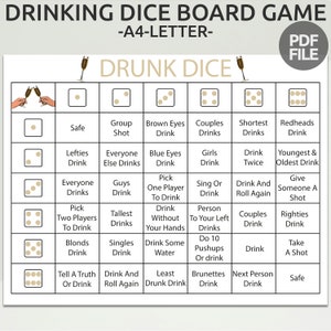 Printable Drunk Dice Game | Drinking Game for Adults | Drinking Dice Board Game | Adult Party Game | Printable Group Party Alcohol Game