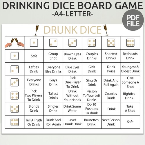 Juego de dados borrachos imprimibles / Juego de beber para adultos / Juego de mesa de dados para beber / Juego de fiesta para adultos / Juego de alcohol de fiesta grupal imprimible