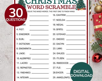 Christmas Word Scramble Game | Printable Christmas Party Game | Christmas Word Game | Holiday Party Game for Kids & Adult | Word Puzzle Game