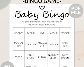 60 Baby Shower Bingo Cards | Prefilled Baby Bingo Games | Minimalist Baby Shower Bingo Cards | Baby Gift Bingo Card | Baby Shower Bingo Game