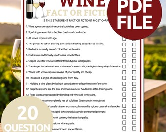 Wine Fact or Fiction Game | Printable Wine True or False Game | Wine Party Trivia Game | Fun Wine & Cheese Party Game | Wine Tasting Game