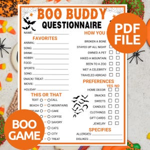 Halloween Boo Buddy Questionnaire | Printable Boo Buddies Questions | Boo Basket Gift Exchange Game | Boo Buddies Survey | Spooky Party Game