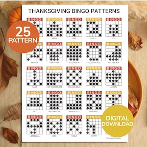May include: A white printable sheet titled THANKSGIVING BINGO PATTERNS featuring twenty-five grid squares. Each grid displays a BINGO header and black dot patterns representing various shapes like a barn, leaf, fox, pie, and acorn with labels.