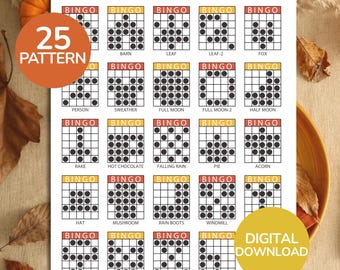 May include: A white printable sheet titled THANKSGIVING BINGO PATTERNS featuring twenty-five grid squares. Each grid displays a BINGO header and black dot patterns representing various shapes like a barn, leaf, fox, pie, and acorn with labels.