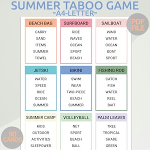 Juego Tabú de Verano / Juego de Verano de 5 Segundos / Juego de Verano Imprimible / Juego de Fiesta de Verano / Juegos de Fiesta en la Piscina / Juegos del Día de la Independencia del 4 de Julio