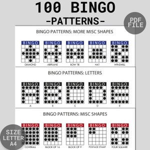 100 modèles de bingo | Jeu de bingo amusant à imprimer | Modèles gagnants de bingo | alphabet bingo, chiffres, signes, formes | Téléchargement PDF