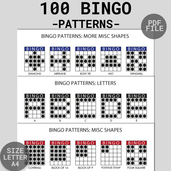 100 Bingo Patterns | Printable Fun Bingo Party Game | Bingo Winning Patterns | Bingo Alphabet, Numbers, Signs, Shapes | PDF Download