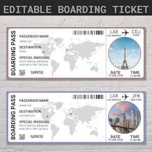 Modelo de cartão de embarque editável | Passagem aérea para impressão | Viagem Surpresa com Cartão de Embarque | Viagem com cartão de embarque do Canva | Bilhete de Embarque Canva