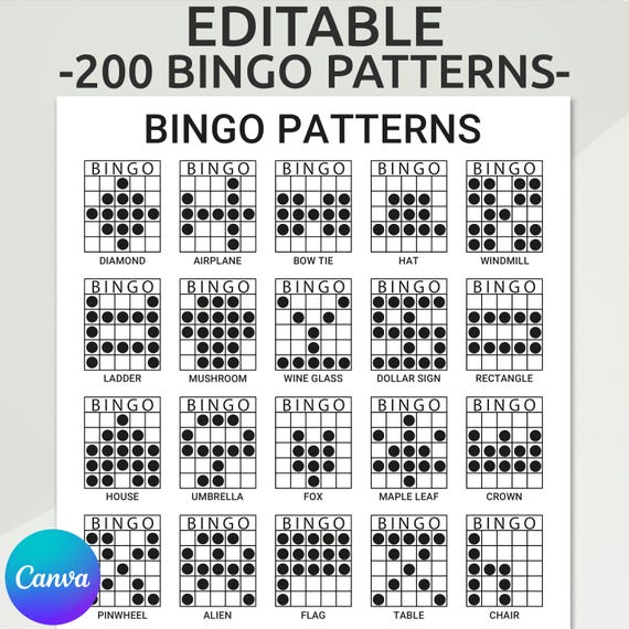 Editable 200 Bingo Patterns | Printable Fun Bingo Party Game | Editable Bingo Winning Patterns | Bingo Alphabet, Numbers, Signs, Shapes