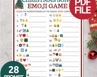 May include: A printable Christmas Emoji Game with a red and white border. The game includes 28 prompts to guess Christmas song titles using emojis. A red circle with "PDF FILE" is in the upper right corner. A green circle with "28 PROMPT" is in the lower left corner.