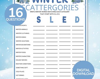 Winterliches Scattergories-Spiel | Druckbares Schnell-Denkspiel | Lustige Winter-Wortspiele | Winterpartyspiel | Winteraktivitäten für Kinder und Erwachsene