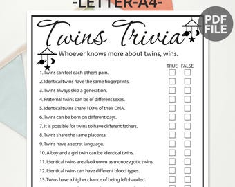 Twins Trivia Game | Twins Trivia for Baby Showers | Printable Twin Baby Shower Game | True or False Twin Baby Shower Game | Baby Shower quiz