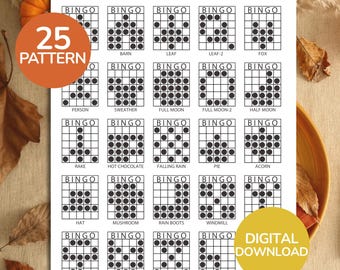 May include: A white sheet titled THANKSGIVING BINGO PATTERNS featuring 25 black and white bingo card grids with various dot patterns labeled with names like Barn, Leaf, Fox, Person, Sweather, Full Moon, Rake, Pie, Acorn, Hat, and Umbrella.