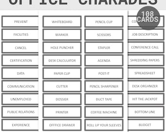 Printable Charades Game | Office Action Charades Cards | Work Group Game | Work Team Game for Staff | Group Acting Game | Team Building Game