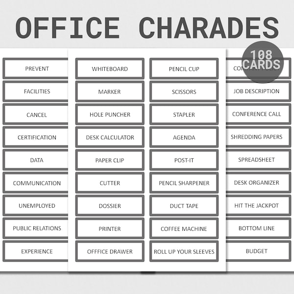 Printable Charades Game | Office Action Charades Cards | Work Group Game | Work Team Game for Staff | Group Acting Game | Team Building Game