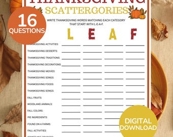 Thanksgiving Scattergories Game | Printable Thanksgiving Family Games | Thanksgiving Think Fast Game | Thanksgiving Games For Kids & Adults
