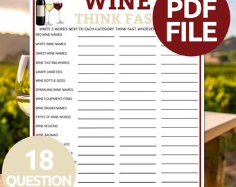 Wine Think Fast Game | Printable Think Quick Wine Game | Wine Party Trivia Game | Fun Wine & Cheese Party Games | Winery Wine Tasting Game