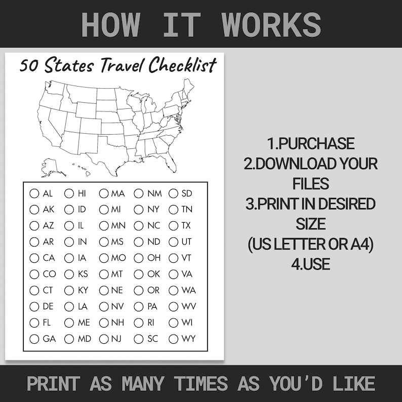 50 US States Checklist | 50 States Challenge | United States Map