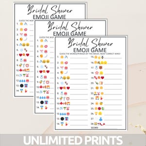 Puede incluir: Tres tarjetas de juego de despedida de soltera imprimibles con el t&iacute;tulo "Bridal Shower Emoji Game". Cada tarjeta tiene una lista de n&uacute;meros del 1 al 14 o del 1 al 28 con emojis al lado de cada n&uacute;mero. El jugador debe adivinar las palabras o frases representadas por los emojis.