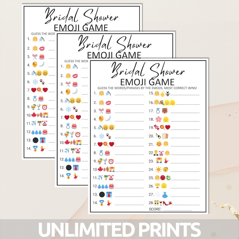 Puede incluir: Tres tarjetas de juego de despedida de soltera imprimibles con el t&iacute;tulo "Bridal Shower Emoji Game". Cada tarjeta tiene una lista de n&uacute;meros del 1 al 14 o del 1 al 28 con emojis al lado de cada n&uacute;mero. El jugador debe adivinar las palabras o frases representadas por los emojis.