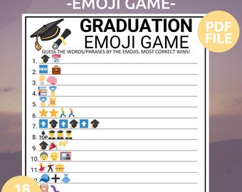 May include: A printable graduation emoji game with 18 questions. The game asks players to guess the words or phrases represented by the emojis. The game is designed to be played by multiple players, with the player who guesses the most correct answers winning.