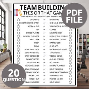 Op de afbeelding: Een zwart-wit afdrukbaar PDF-spel met de titel "Team Building This or That Game". Het spel bevat 20 vragen met elk twee keuzes, zoals "Early Bird of Night Owl". Een grijze cirkel met de tekst "PDF FILE" staat in de rechterbovenhoek.